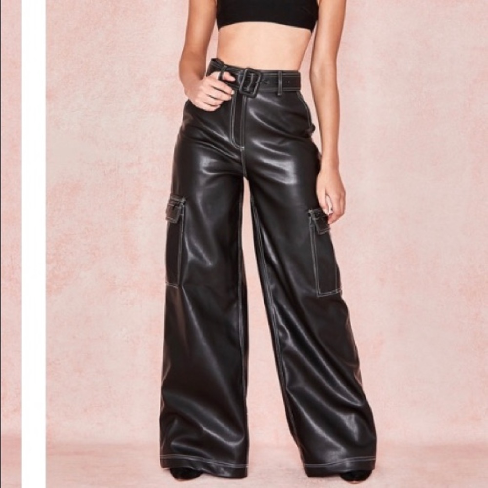 House of CB black vegan wide leg leather trousers